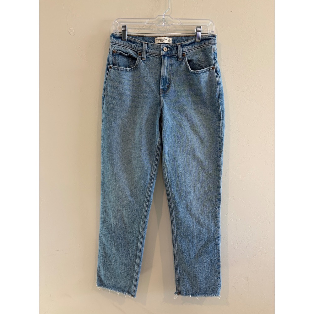Abercrombie & Fitch Curve Love 90s Straight Mid Rise Jeans 27 Reg Blue Raw Hem